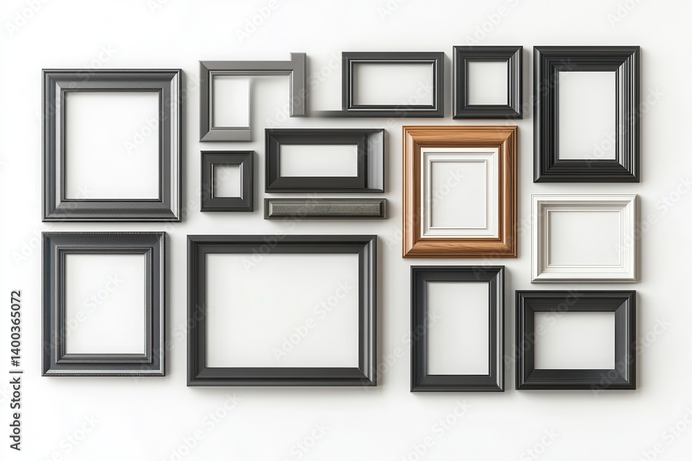 Assorted frames on white wall isolated on white background Assorted frames on white wall isolated on white background