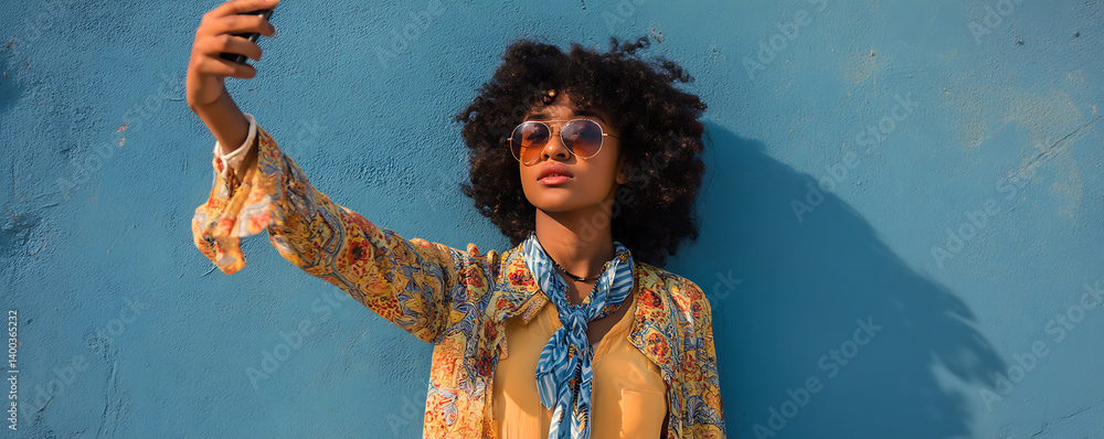 Young black woman wearing stylish sunglasses and a colorful floral blouse smiles brightly while taking a selfie in sunlight beside a pastel building with textured walls
