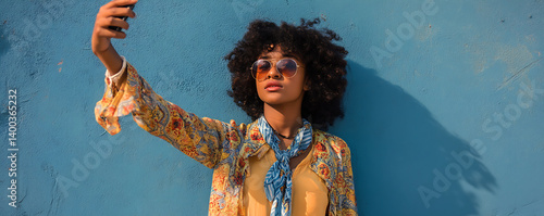 Obraz na płótnie Young black woman wearing stylish sunglasses and a colorful floral blouse smiles brightly while taking a selfie in sunlight beside a pastel building with textured walls w salonie