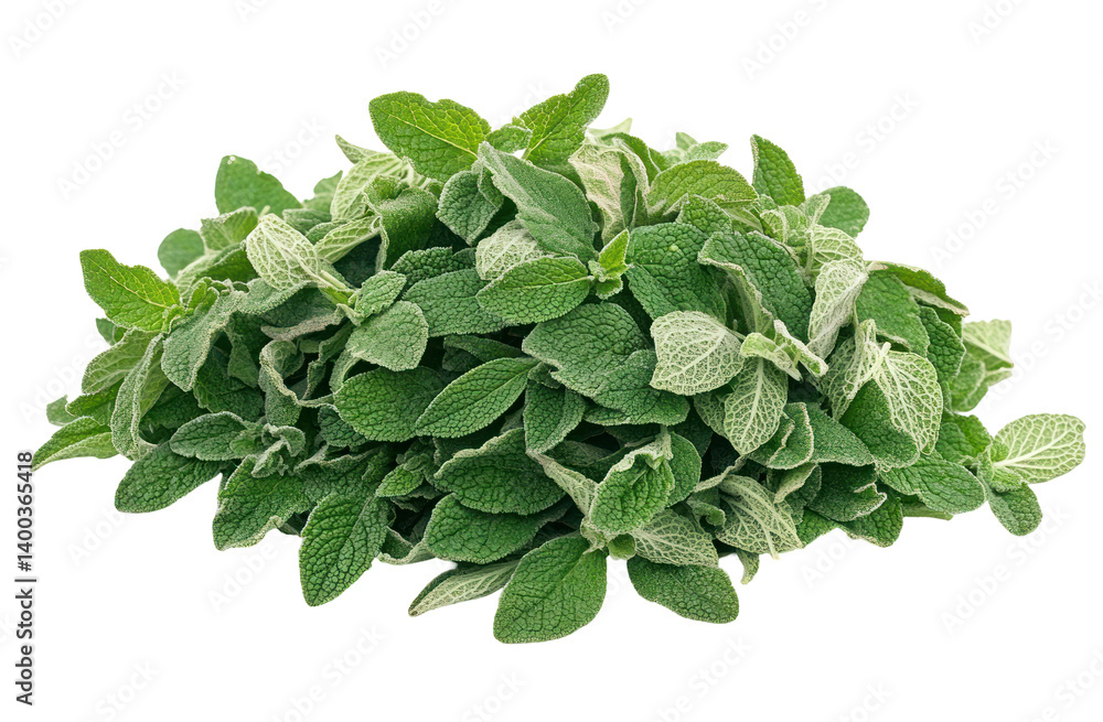Fototapeta premium Fresh green oregano leaves piled together, showcasing their vibrant color and texture, ideal for culinary use