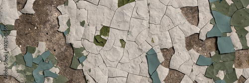 Obraz na płótnie Peeling paint on the wall. Panorama of a concrete wall with old cracked flaking paint. Weathered rough painted surface with patterns of cracks and peeling. Grunge texture for wide panoramic background w salonie