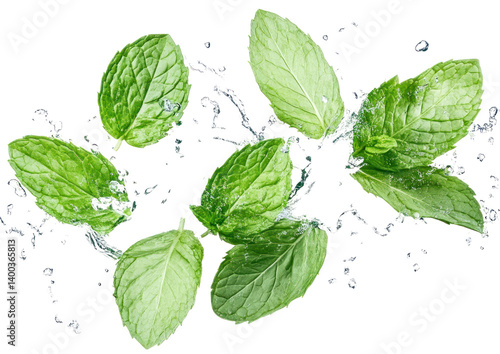 Fresh mint leaves splashing in water, creating a vibrant and refreshing scene, ideal for culinary or health-related use