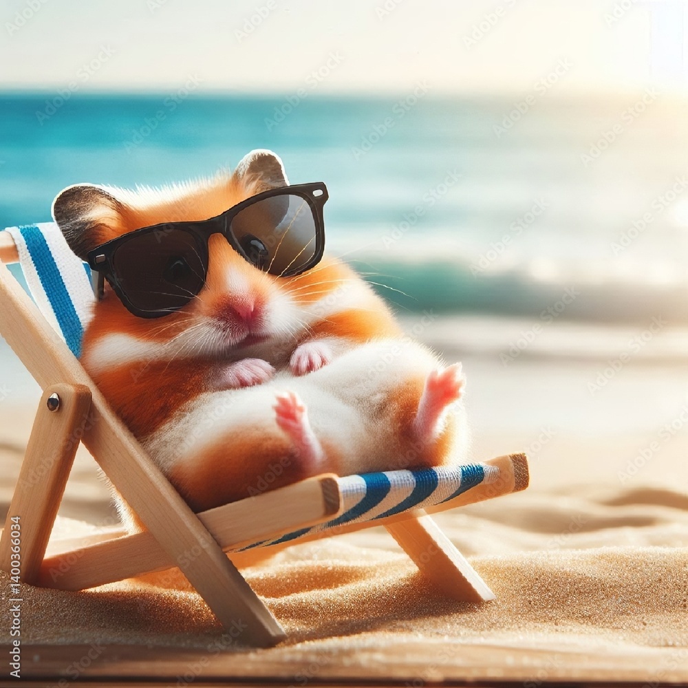 A funny hamster in sunglasses is relaxing on the beach by the sea lying in a sun lounger. AI generated.