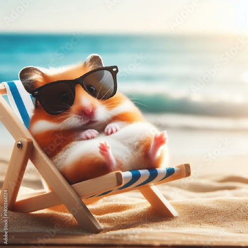 A funny hamster in sunglasses is relaxing on the beach by the sea lying in a sun lounger. AI generated.