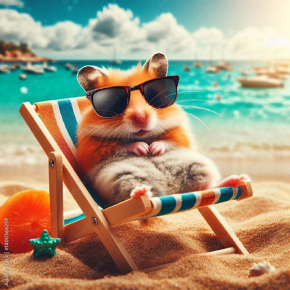 A funny hamster in sunglasses is relaxing on the beach by the sea lying in a sun lounger. AI generated.