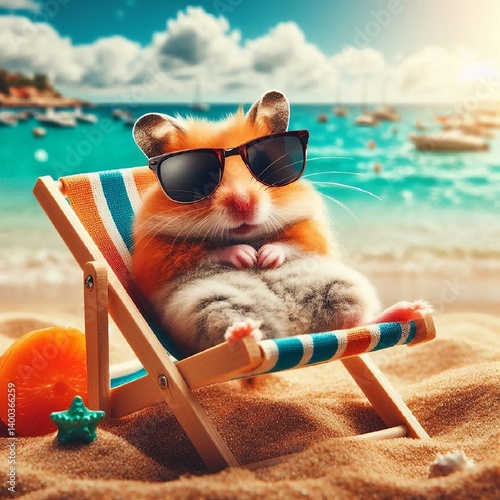 A funny hamster in sunglasses is relaxing on the beach by the sea lying in a sun lounger. AI generated.