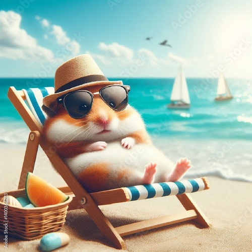 Obraz na płótnie A funny hamster in sunglasses is relaxing on the beach by the sea lying in a sun lounger. AI generated. w salonie