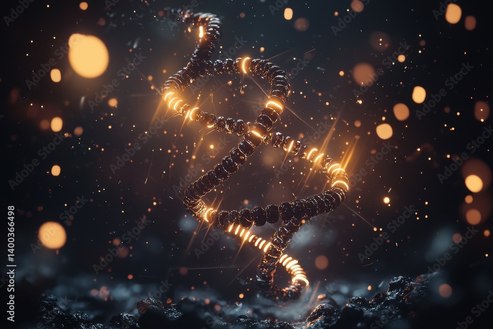 Dynamic visualization of dna strands amidst sparkling particles in a dark environment capturing the essence of scientific artistry