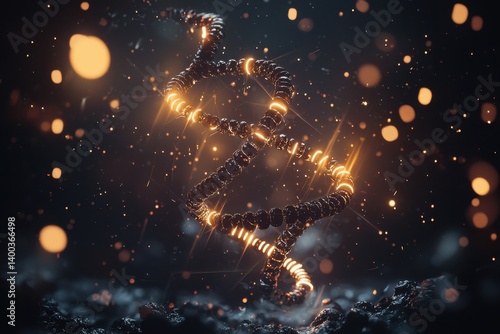 Obraz na płótnie Dynamic visualization of dna strands amidst sparkling particles in a dark environment capturing the essence of scientific artistry w salonie