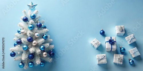 Wallpaper Mural Minimalist White Christmas Tree with Silver & Blue Ornaments - Aerial Holiday Scene Torontodigital.ca