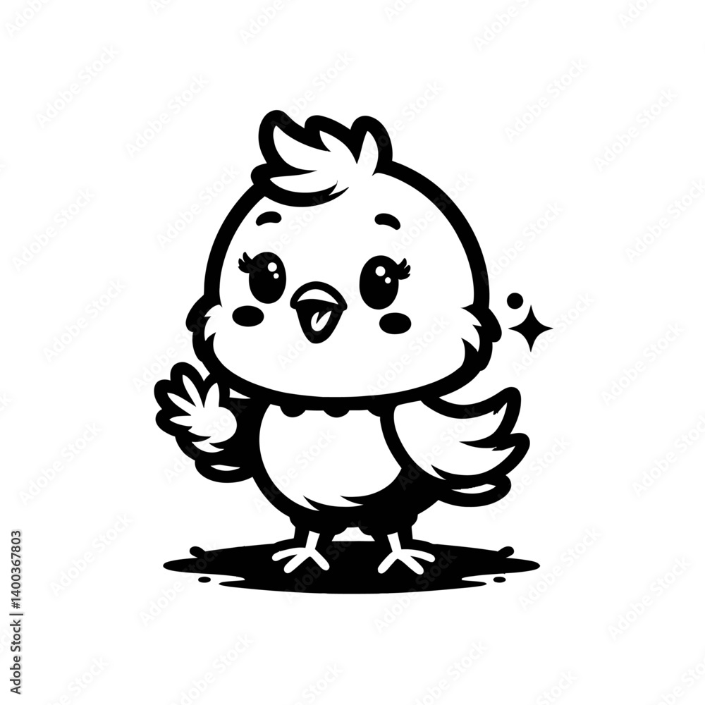 Cute baby chick cartoon waving hand silhouette black color white background vector Cute baby chick cartoon waving hand silhouette black color white background vector
