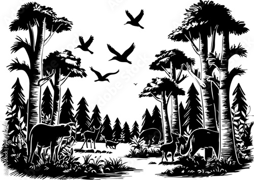 Wildlife gathering in lush forest nature scene serene landscape birds and animals peaceful environment