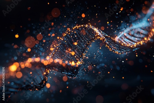 Dynamic artistic representation of dna with glowing particles abstract visualization digital artwork dark environment close-up view science and technology concept