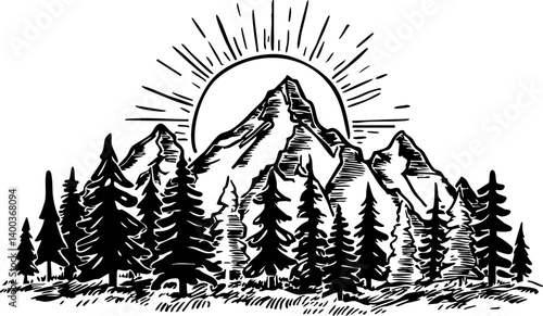 Majestic mountain sunrise national park illustration nature aerial view tranquility and adventure