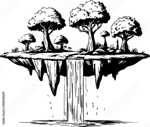 Floating island waterfall scene fantasy landscape artistic illustration ethereal environment aerial view surreal concept