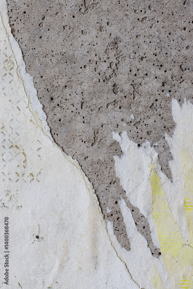 Torn old faded paper wallpaper with a retro pattern. Tattered scraps of paper on a concrete wall. Vintage texture for background and design. Closeup view with copy space. High resolution.