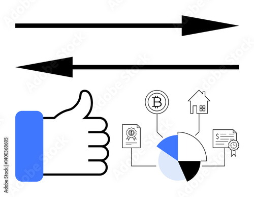 Thumbs up hand, double opposing arrows, pie chart, Bitcoin, house, seal, contract. Ideal for investment finance communication economics direction market trends approval. Flat simple metaphor