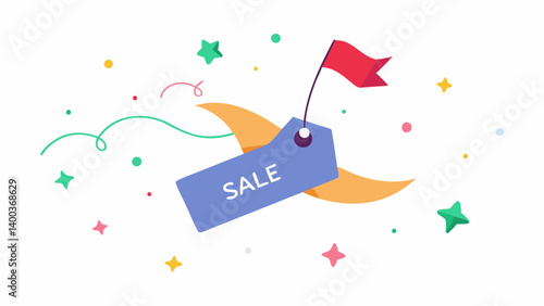 Joyful Leap A jumping price tag leaping through the air with a SALE banner trailing behind it surrounded by colorful stars and festive elements emphasizing the excitement of
