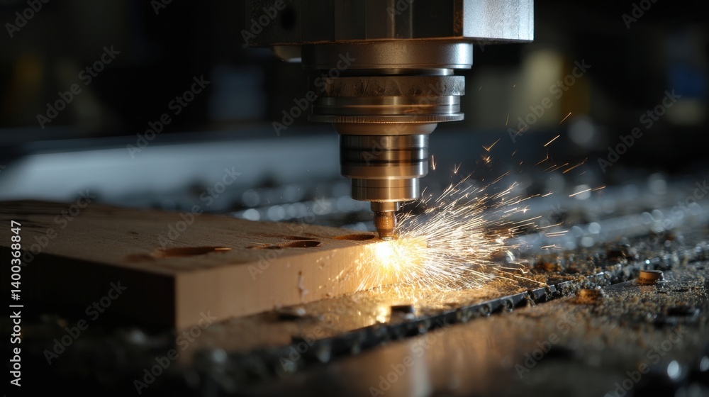A CNC machine is actively cutting through a wooden plank, producing sparks and demonstrating precision in a well-lit workshop during the day A CNC machine is actively cutting through a wooden plank, producing sparks and demonstrating precision in a well-lit workshop during the day
