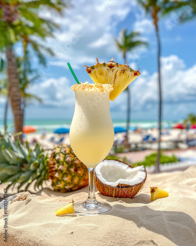 Pina Colada cocktail on the beach with coconut and exotic flower. High quality photo