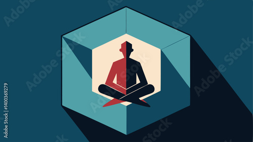 Illustration 5 Yearning for Escape A person depicted in a minimalist style sits crosslegged inside a cube. Their head is tilted upwards as if looking towards the sky. Outside the