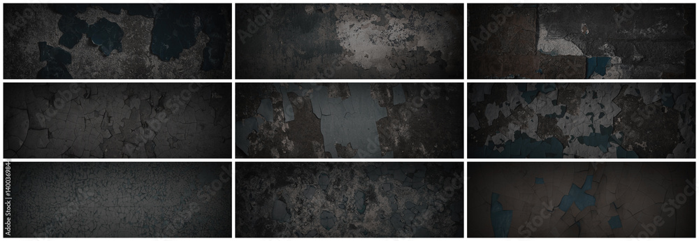 Set of dark panoramic background textures. Collection of wide textures with peeling paint, cracks, rust, scratches, noise and grain. Rough surfaces of old walls. Bundle of backgrounds for design.