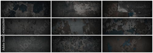 Obraz na płótnie Set of dark panoramic background textures. Collection of wide textures with peeling paint, cracks, rust, scratches, noise and grain. Rough surfaces of old walls. Bundle of backgrounds for design. w salonie