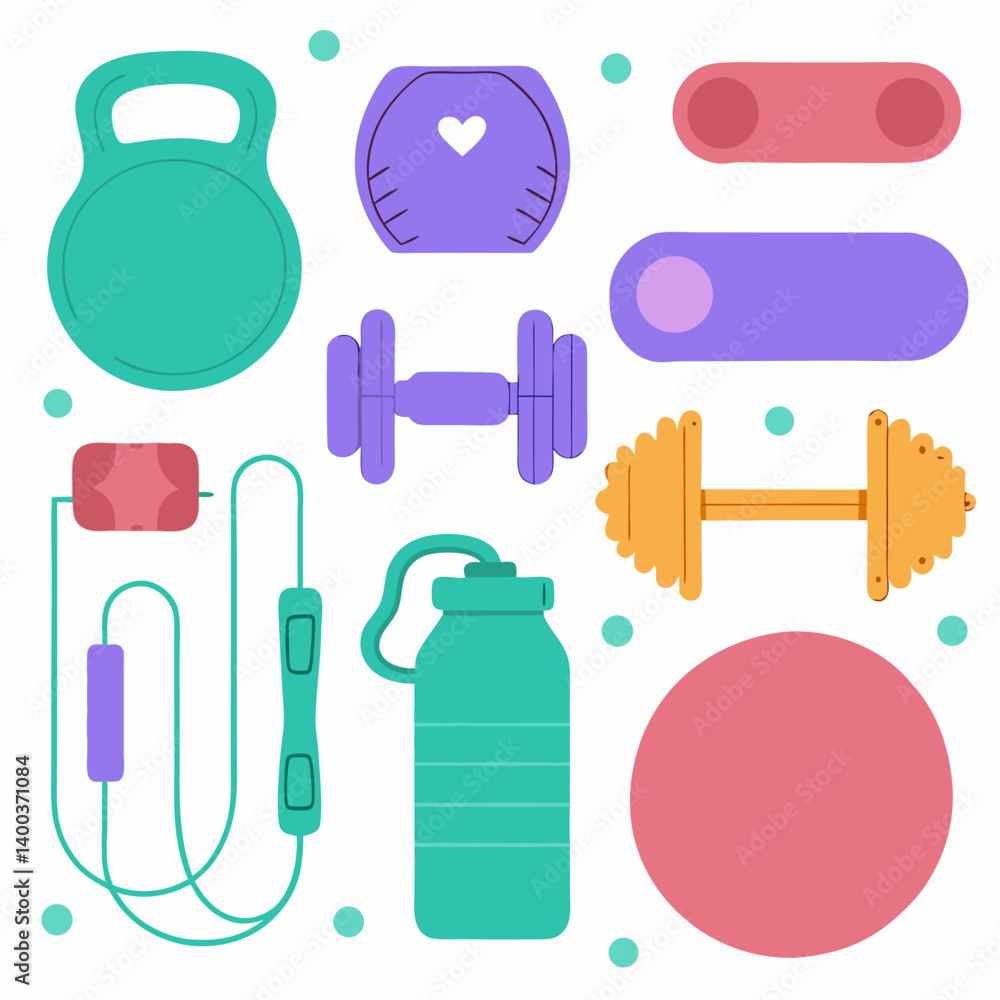 Obraz premium Weight training, yoga, pilates stickers set. Dumbbells, protein supplements, kettlebell, jump rope and other fitness elements. Modern cartoon concept. Vector illustration