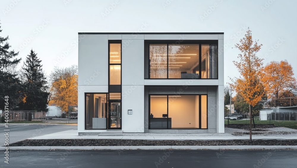 Modern two-story office building with clean lines and large windows, situated on a city street Modern two-story office building with clean lines and large windows, situated on a city street