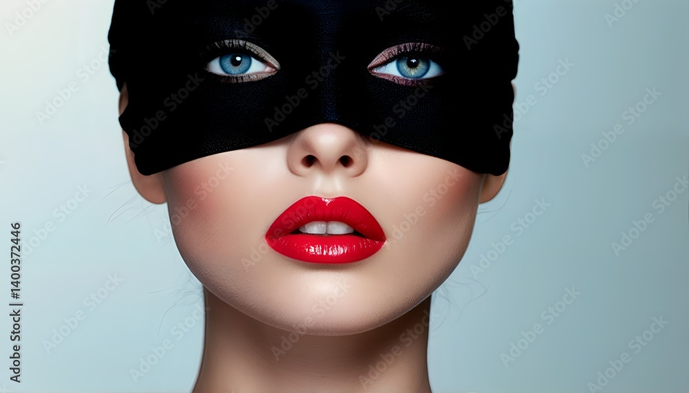 a striking close-up portrait features a woman with vibrant red lips and captivating blue eyes, partially obscured by a sleek black blindfold against a soft blue gradient background. a striking close-up portrait features a woman with vibrant red lips and captivating blue eyes, partially obscured by a sleek black blindfold against a soft blue gradient background.