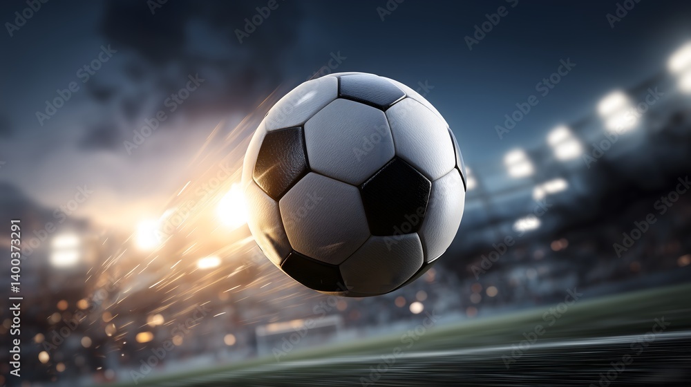 Fototapeta premium Close-Up of Soccer Ball in Mid-Air at Stadium Under Lights