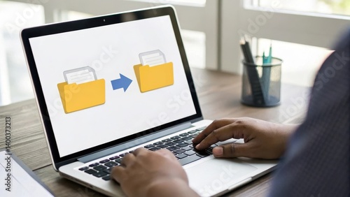 Transfer files using a laptop with an illustration of folders.