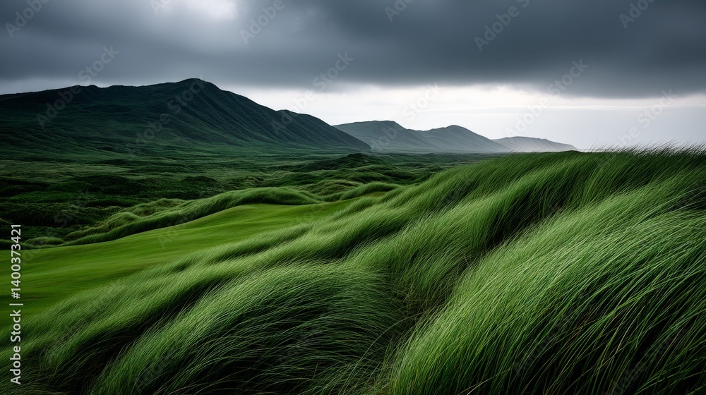 Expansive green grassland under overcast sky showing undulating natural texture wind movement and isolated field pattern in nature landscape photography view
