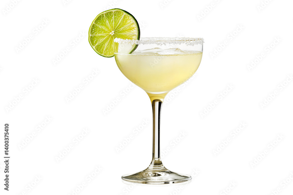 Classic margarita cocktail with lime slice and salted rim in elegant glass isolated on transparent background Classic margarita cocktail with lime slice and salted rim in elegant glass isolated on transparent background