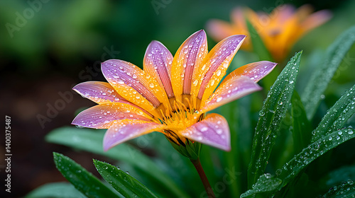 Dew-kissed orange and purple flower blossoms in garden