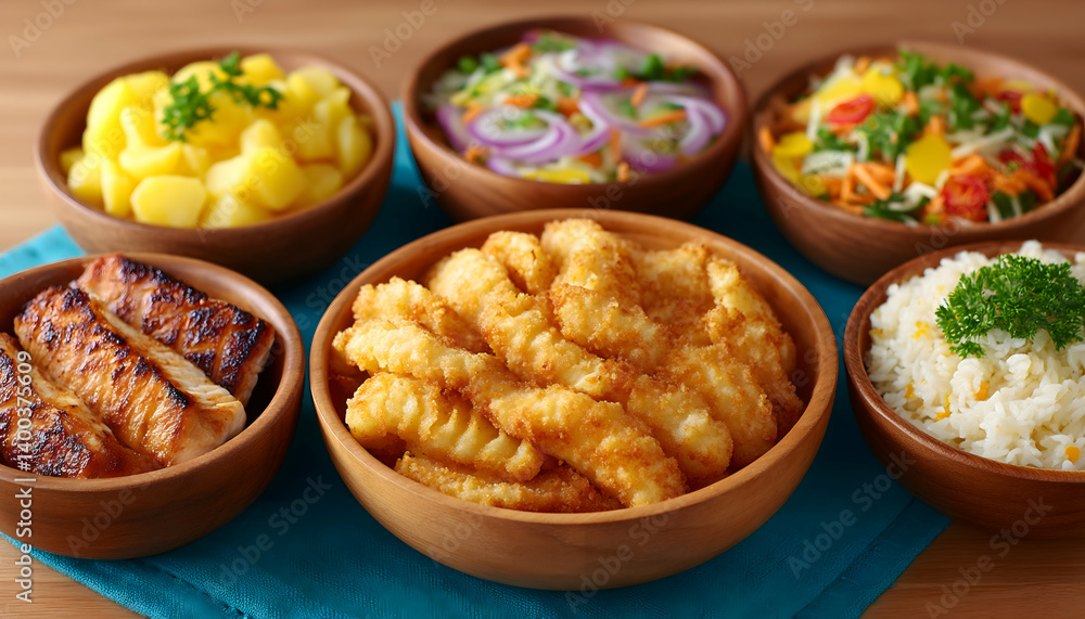 Delicious meal with fish, potatoes, rice, and various salads served in wooden bowls Delicious meal with fish, potatoes, rice, and various salads served in wooden bowls