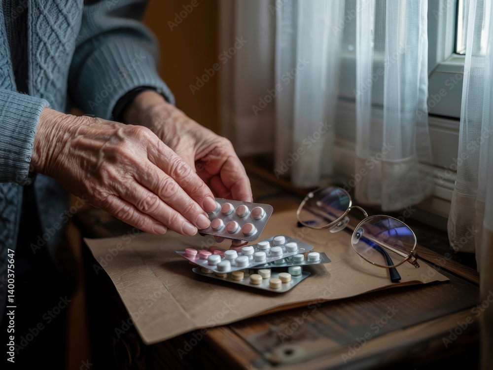 Fototapeta premium Sorting medication packages on a wooden table near sunlight with glasses on a paper mat