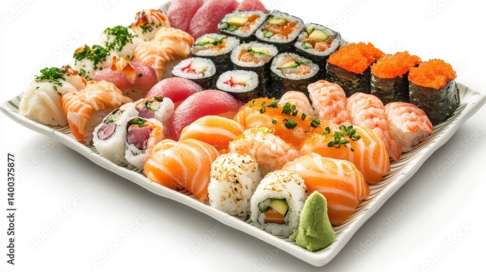A plate of assorted sushi rolls, featuring different toppings and ingredients, beautifully arranged on a white plate. A plate of assorted sushi rolls, featuring different toppings and ingredients, beautifully arranged on a white plate.