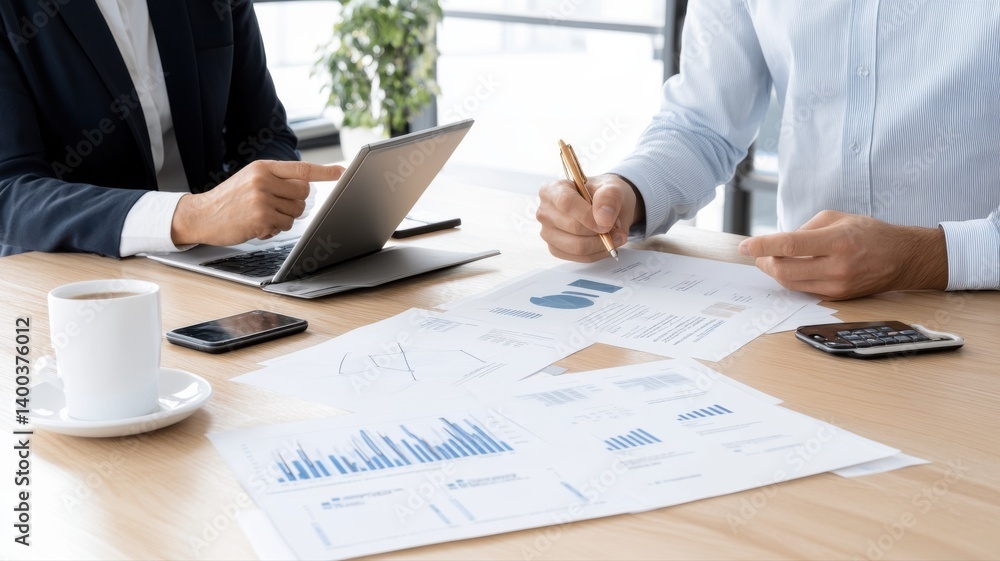 Two professionals discussing charts and graphs at a meeting with a laptop and coffee. Two professionals discussing charts and graphs at a meeting with a laptop and coffee.