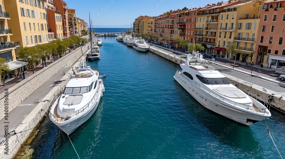 Fototapeta premium Scenic waterfront view with yachts in a beautiful marina lined with colorful buildings, clear blue sky