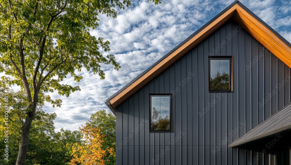 Modern farmhouse exterior with dark siding and warm accents