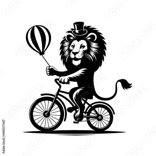 Funny lion rides a retro bike circus performance silhouette black color white background vector