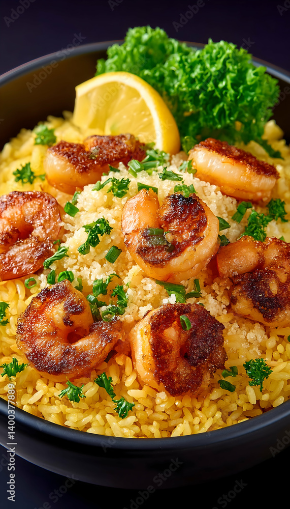 Saffron rice with grilled shrimp, lemon, and parsley in a black bowl Saffron rice with grilled shrimp, lemon, and parsley in a black bowl