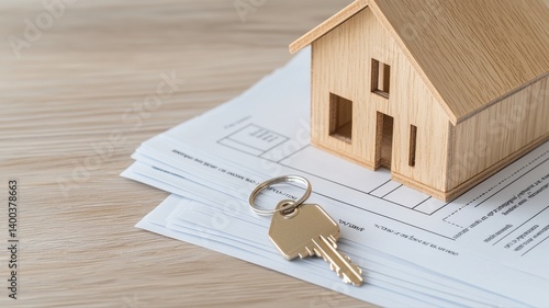 Wooden house model with key on real estate documents, symbolizing property investment.