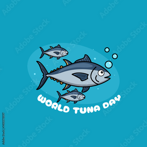 World Tuna Day to celebrate on May 2nd. Illustration of tuna fish in water on turquoise background. Animal event banner.