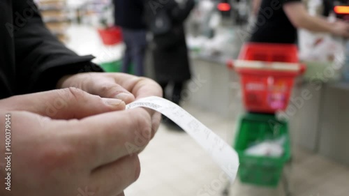 Buyer in the store checking the shopping receipt. Man checking expenses bill from grocery supermarket. Finance budget for food. family budget economy. Financial crisis. Vertical format