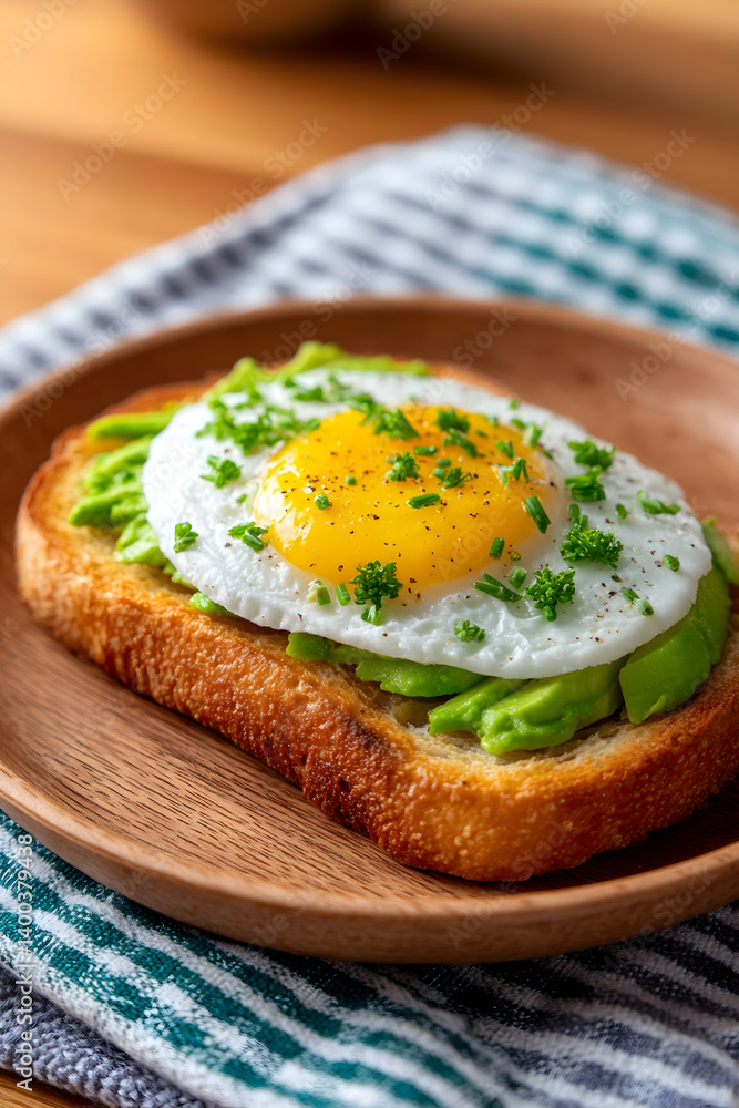 Toasted bread topped with mashed avocado and a fried egg, garnished with chives Toasted bread topped with mashed avocado and a fried egg, garnished with chives