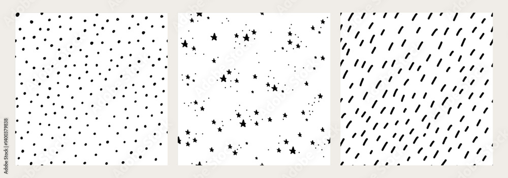 Hand-drawn black and white seamless patterns. Doodle polka dots, stars, and rain lines on a white background. Minimalist abstract baby texture for fabric, wrapping, wallpaper, and digital design