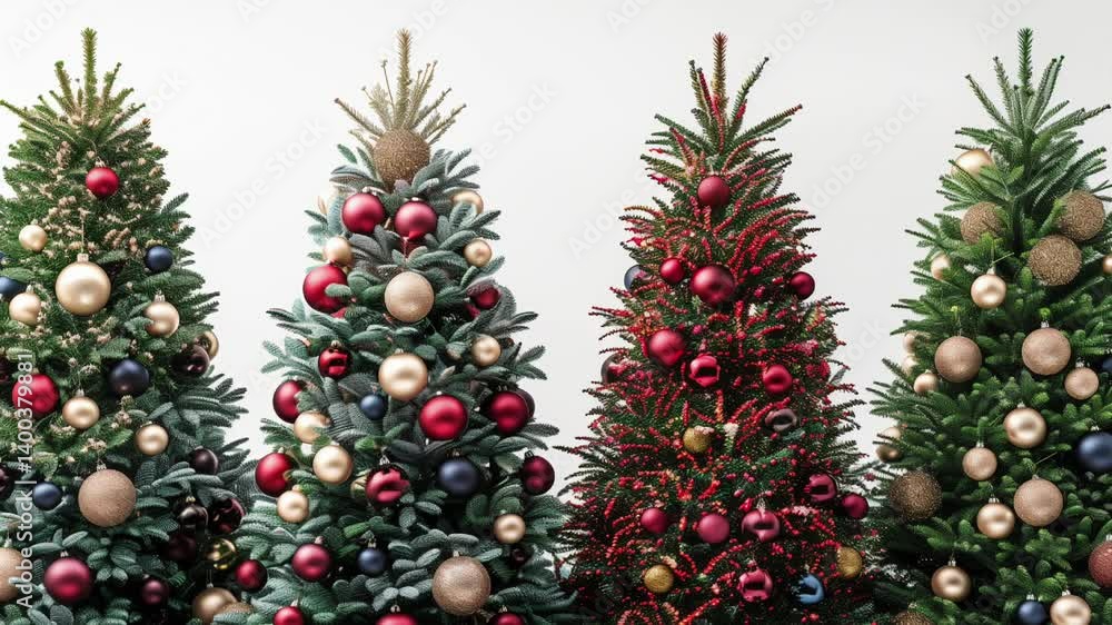 ornaments and festive lights isolated on white background. 4K Footage of Christmas trees decorated with ornaments and festive lights isolated on white background for banner, web design ornaments and festive lights isolated on white background. 4K Footage of Christmas trees decorated with ornaments and festive lights isolated on white background for banner, web design