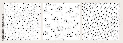 Obraz na płótnie Hand-drawn black and white seamless patterns. Doodle polka dots, stars, and rain lines on a white background. Minimalist abstract baby texture for fabric, wrapping, wallpaper, and digital design w salonie